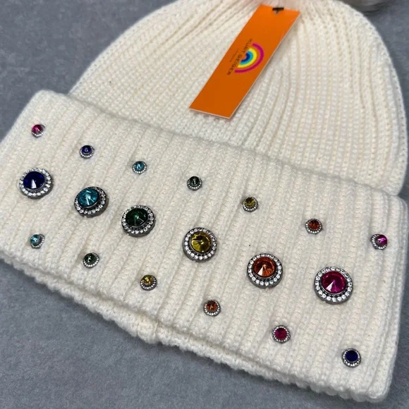Kurt Geiger Rainbow Embellished Faux Fur Pom Pom Beanie in  display picture 3